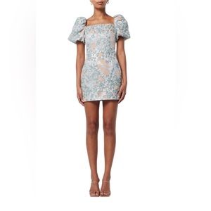 Elliatt Blue Floral Jacquard Puff Sleeve Sheath Dress in Size XS